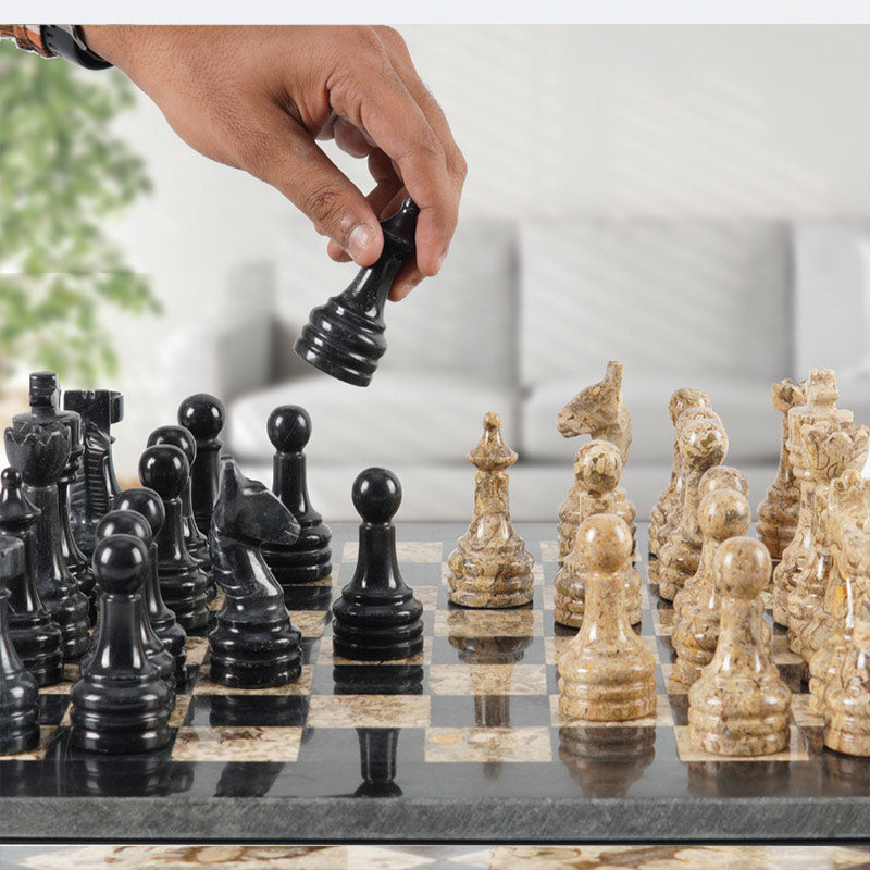 Black and Fossil Coral 15 Inches Premium Quality Marble Chess Set (With Storage Box)