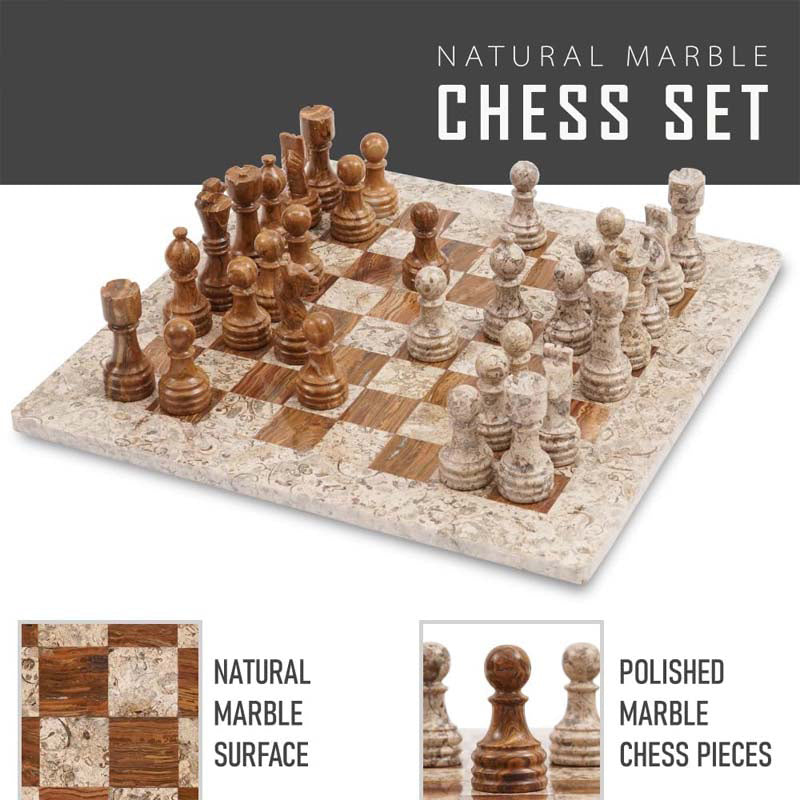 Fossil Coral and Dark Brown Natural Marble Chess Set - 15in