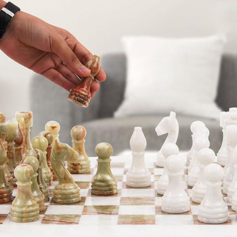 White and Green Onyx 15 Inches Natural Marble Chess Set