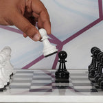 15 Inch White and Black Premium Quality Marble Chess Set with Metallic Figures and Extra Queen