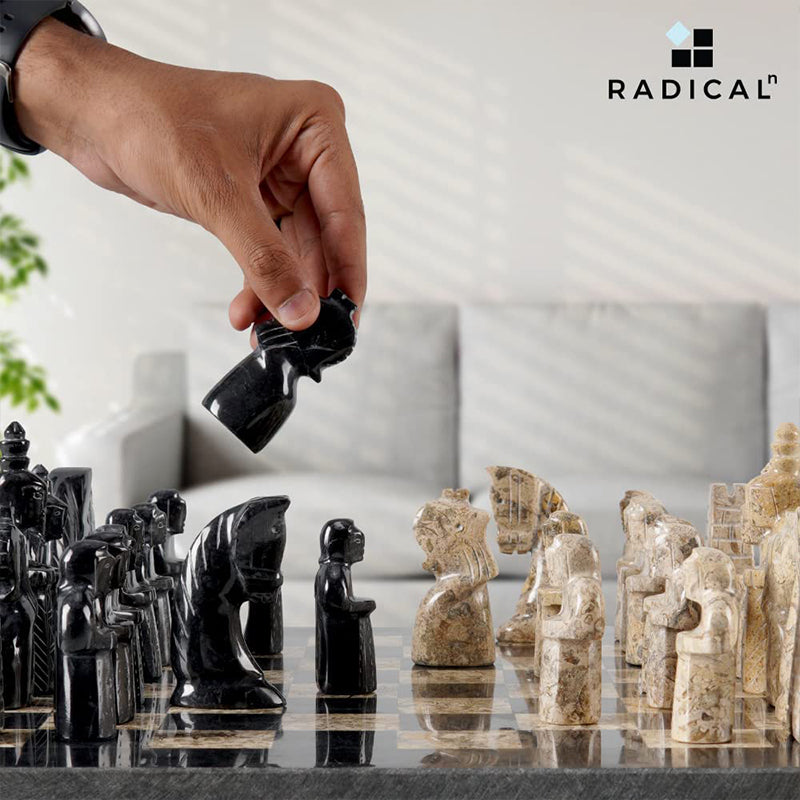 Black and Coral Antique Chess Set with Storage Box - 15 Inches