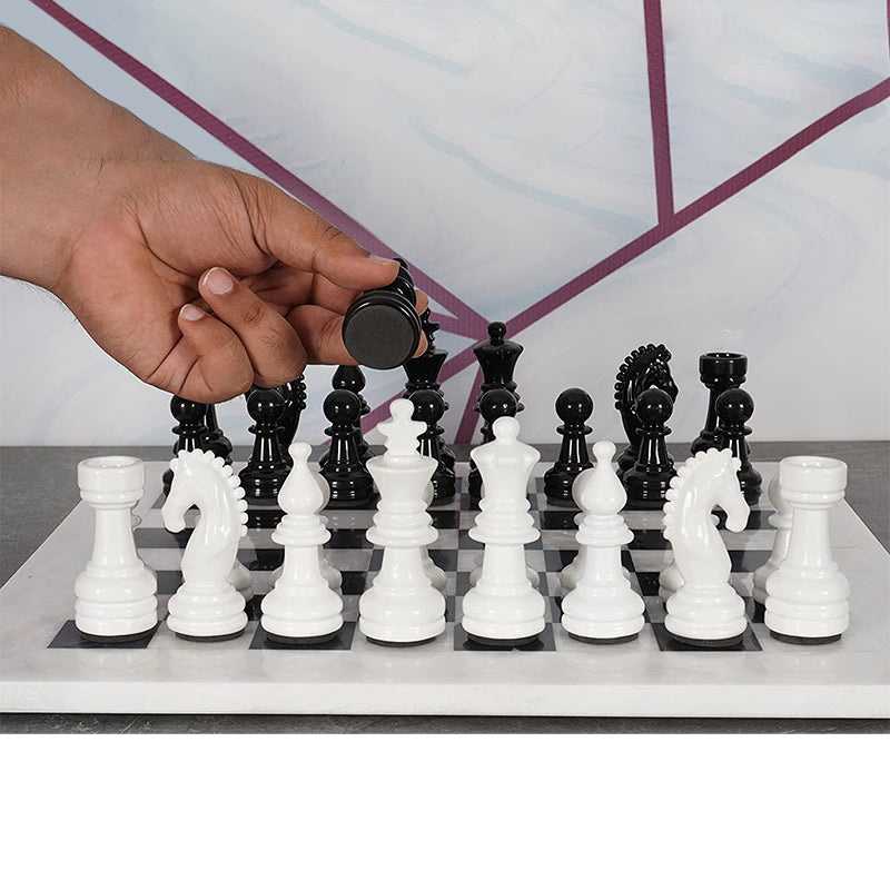15 Inch White and Black Premium Quality Marble Chess Set with Metallic Figures and Extra Queen