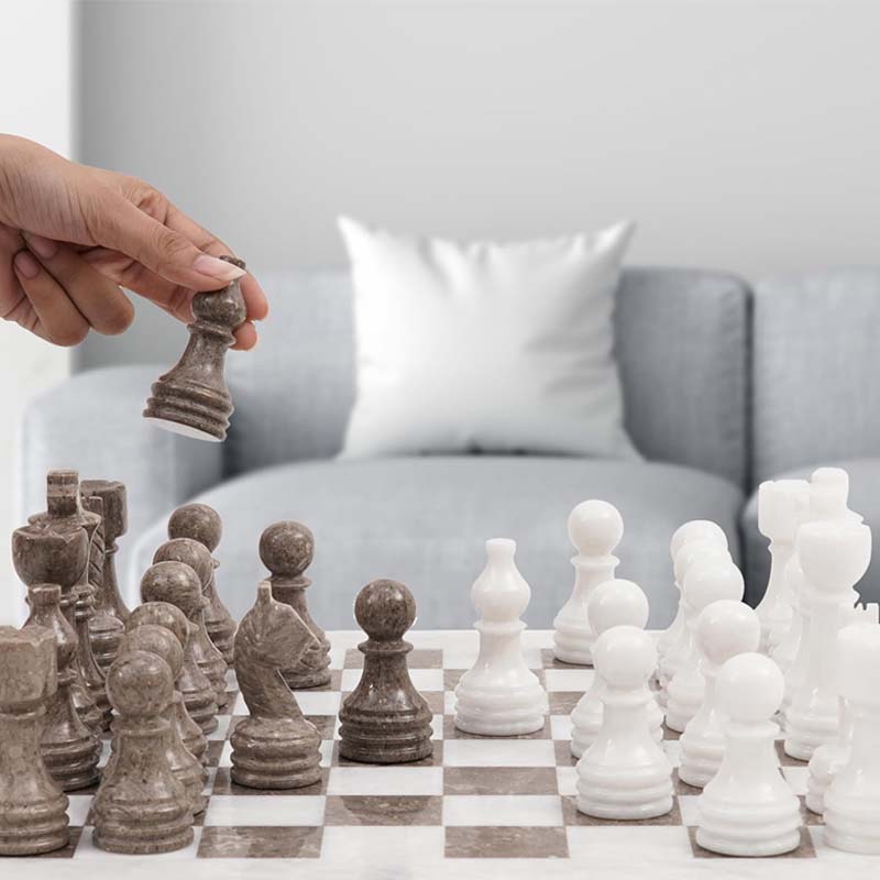 White and Grey Oceanic Handmade 15 Inches High Quality Marble Chess Set