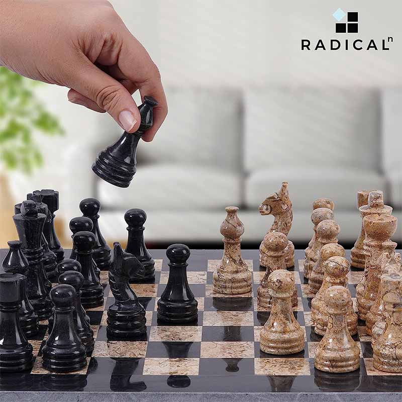 Black and Fossil Coral Handmade 12 Inches Premium Quality Marble Chess Set